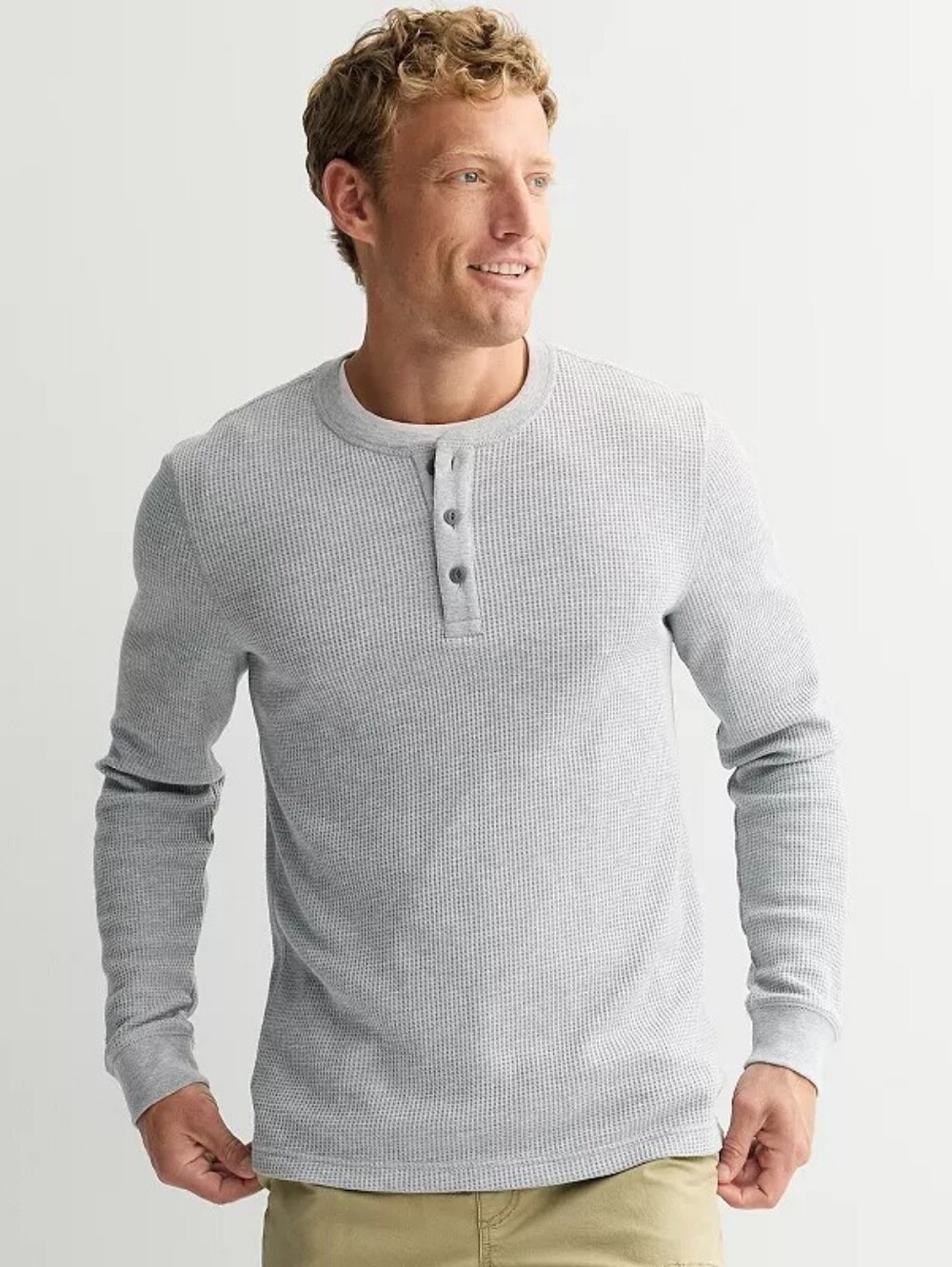 Mens Long Sleeve Waffle Henley Tee - Size 2XL Grey 🆕 Sonoma 🔥